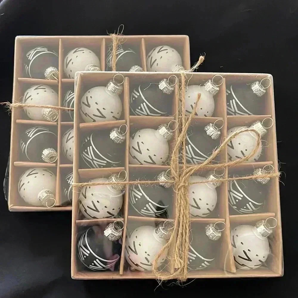 2 Boxes of 16 miniature glass ornaments (32 total) Black and White approx 1”